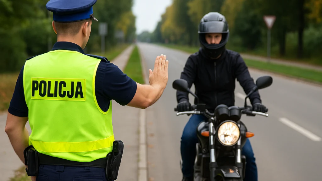 Dzielnicowy zatrzymuje motocyklistę podczas kontroli drogowej