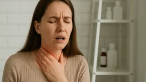 Kobieta z bólem gardła trzymająca się za gardło