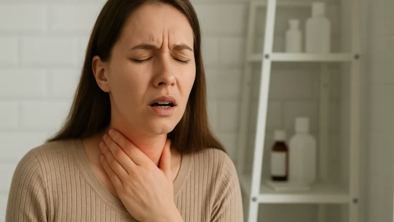 Kobieta z bólem gardła trzymająca się za gardło