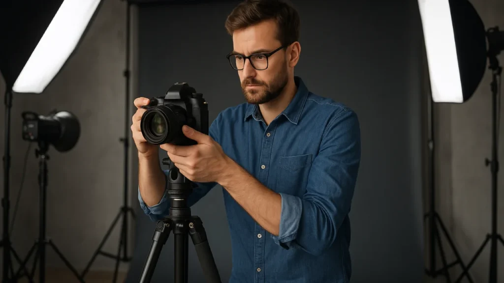 Fotograf z Ełku podczas pracy w studiu z aparatem i lampami studyjnymi