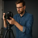 Fotograf z Ełku podczas pracy w studiu z aparatem i lampami studyjnymi