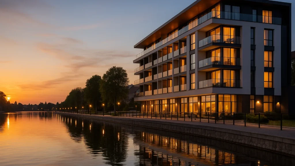Nowoczesny hotel nad jeziorem w Ełku z widokiem na promenadę i zachód słońca