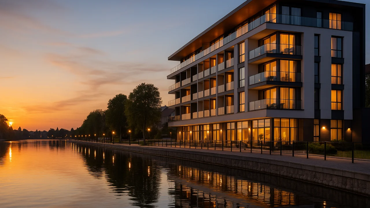 Nowoczesny hotel nad jeziorem w Ełku z widokiem na promenadę i zachód słońca