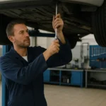 Mechanik naprawiający samochód w warsztacie w Ełku, nowoczesne wyposażenie