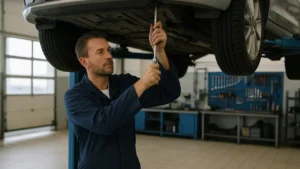 Mechanik naprawiający samochód w warsztacie w Ełku, nowoczesne wyposażenie