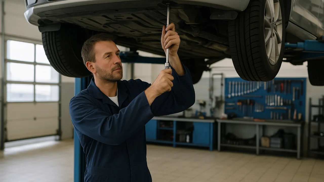 Mechanik naprawiający samochód w warsztacie w Ełku, nowoczesne wyposażenie