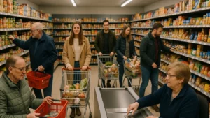 Klienci robią zakupy w sklepie spożywczym w Ełku, półki z produktami