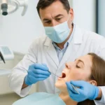 Dentysta w nowoczesnym gabinecie stomatologicznym w Ełku podczas pracy z pacjentem