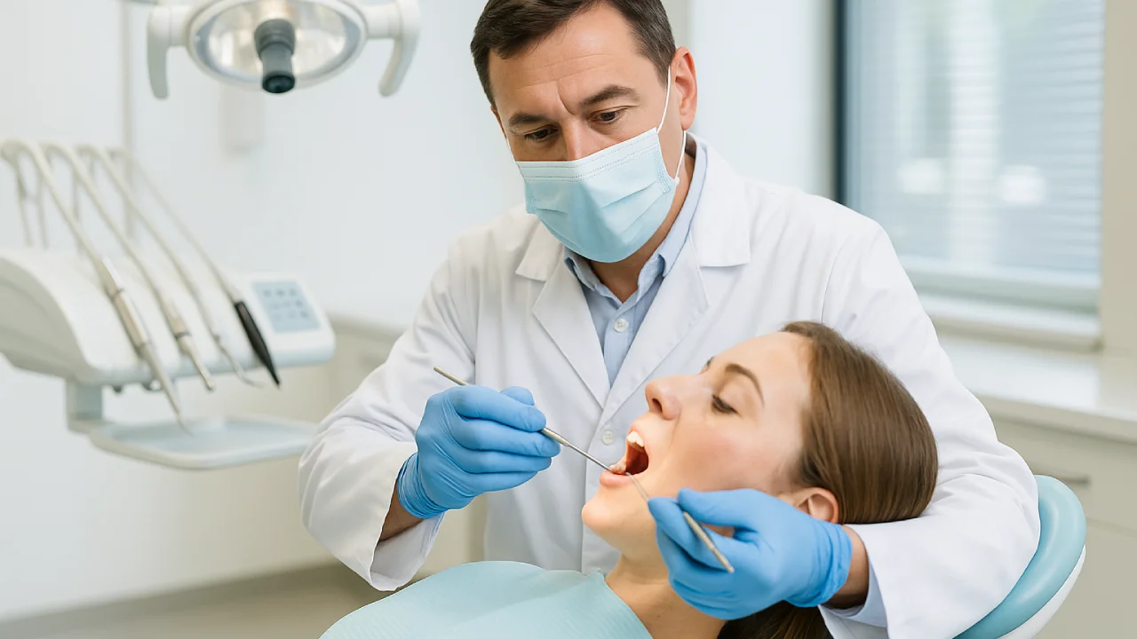 Dentysta w nowoczesnym gabinecie stomatologicznym w Ełku podczas pracy z pacjentem