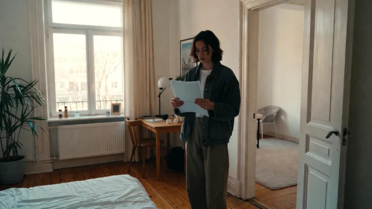 Osoba oglądająca mieszkanie z kartką umowy w ręku