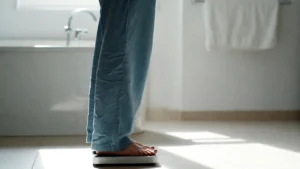 Osoba stojąca na wadze w łazience z niezadowoloną miną
