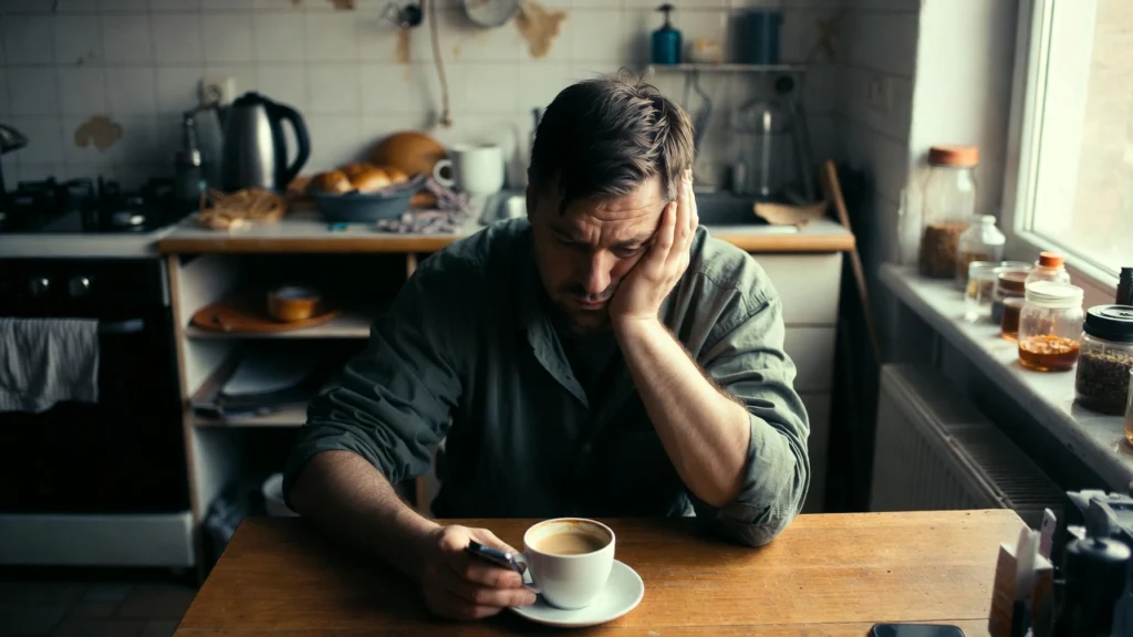 Zmęczony mężczyzna siedzący przy stole z kubkiem kawy i telefonem w ręku