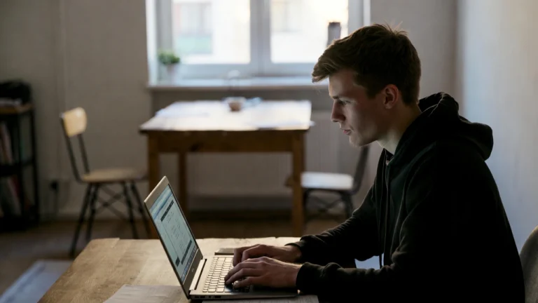 Młoda osoba pracująca przy laptopie w małym biurze w Ełku