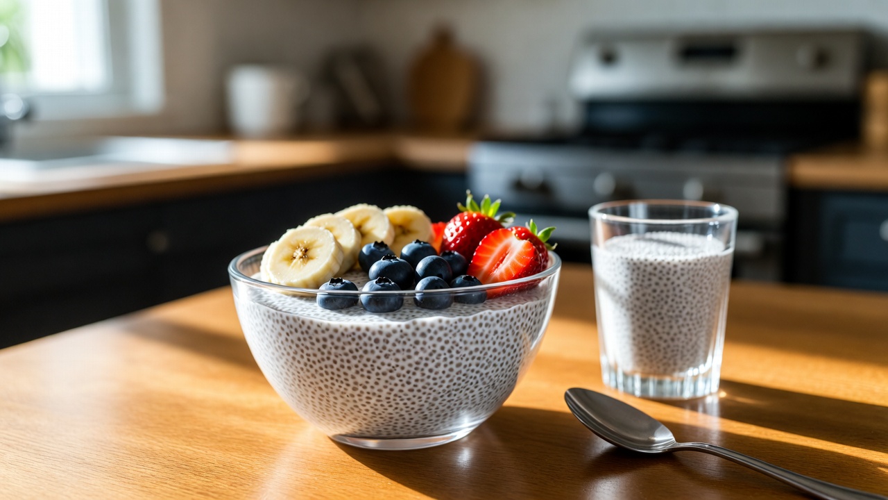 Pudding z nasion chia z owocami w szklanej misce na drewnianym stole
