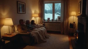 Rodzina w ciepłym domu siedząca pod kocem przy grzejniku zimą