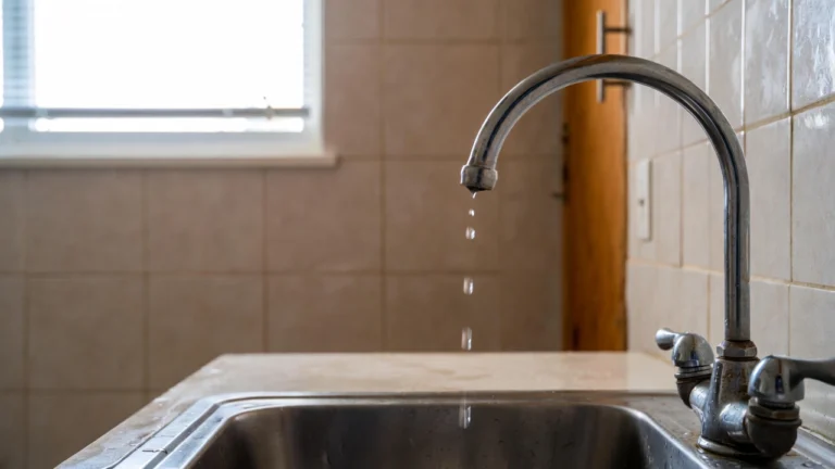 Kran w kuchni z widocznym przeciekiem i zużytymi elementami
