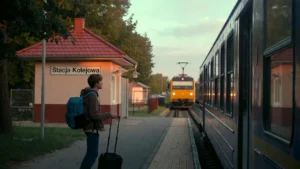 Młoda osoba stojąca na dworcu w małym mieście z plecakiem i walizką
