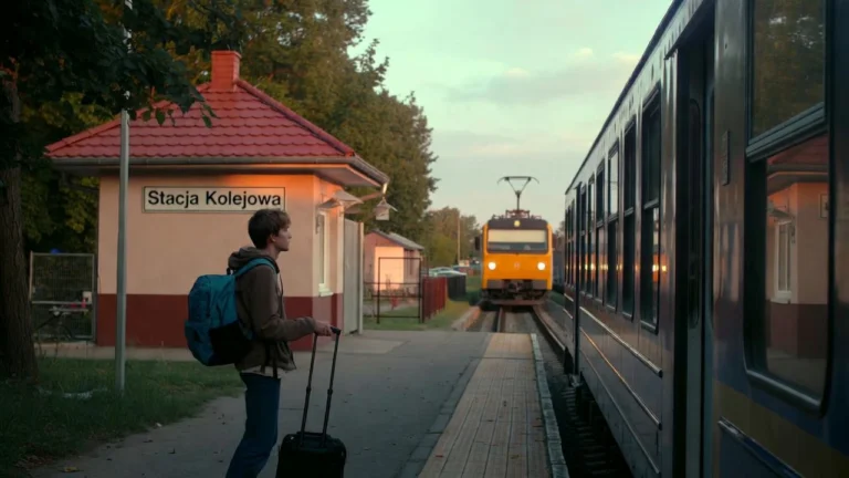 Młoda osoba stojąca na dworcu w małym mieście z plecakiem i walizką