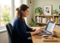 Osoba pracująca przy biurku na laptopie, analizująca darmowe programy AI do pisania tekstów blogowych i marketingowych