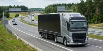Nowoczesny ciągnik siodłowy z naczepą jadący autostradą w Polsce, ilustrujący zarobki kierowcy zawodowego kat. C+E.