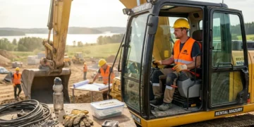 Mężczyzna pracujący jako operator koparki na placu budowy na Mazurach, ilustrujący zarobki na tym stanowisku